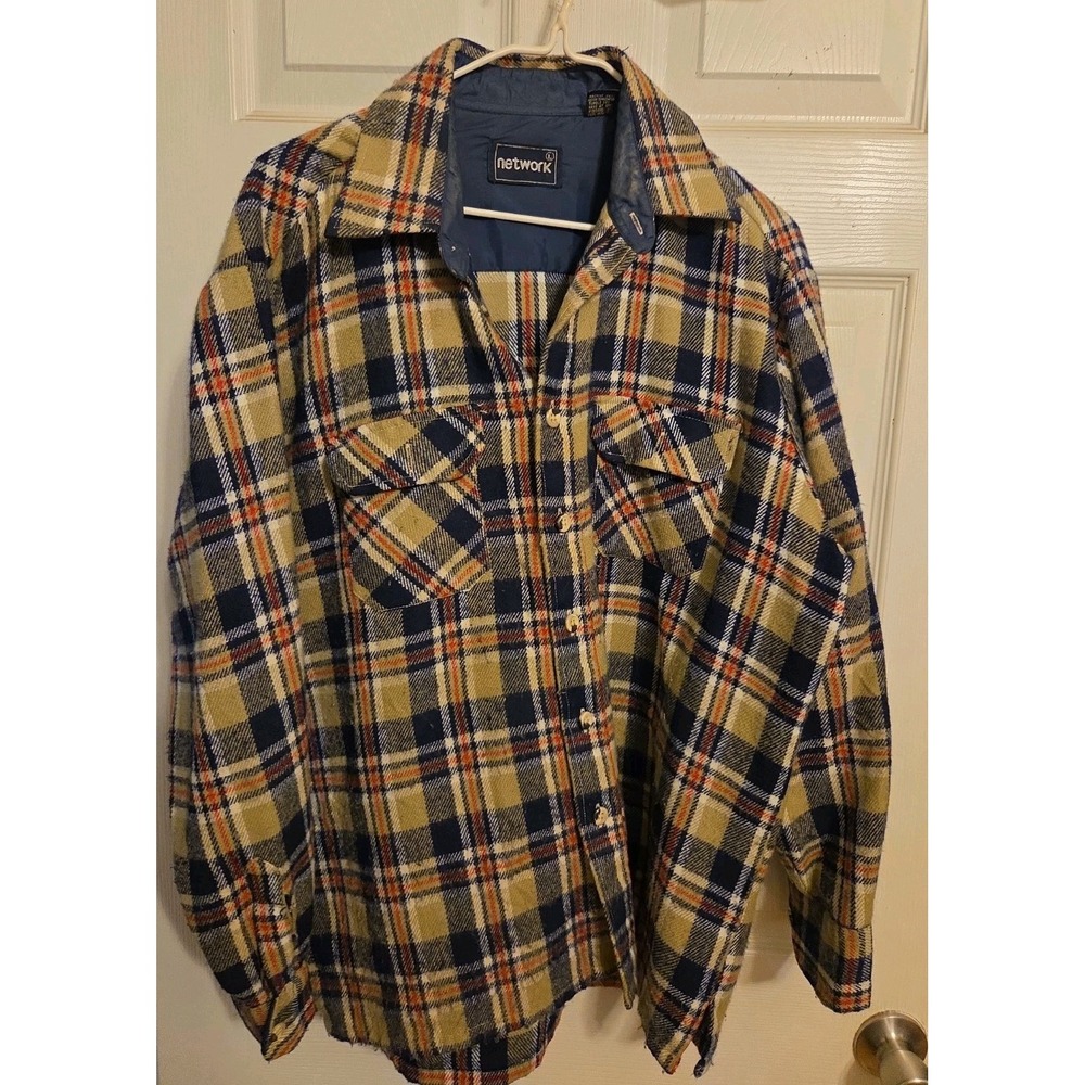 Vntg Network Size L Plaid Flannel Shirt Browns Blue And Reds